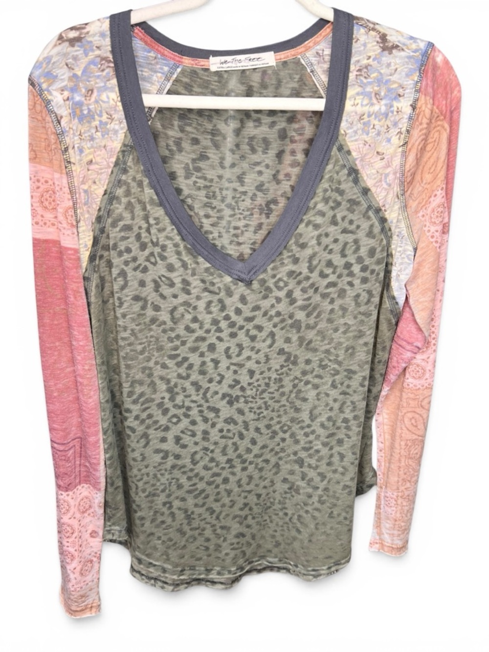 We The Free Olive Green Animal Print Long Sleeve Tee with Pink Patchwork Sleeves